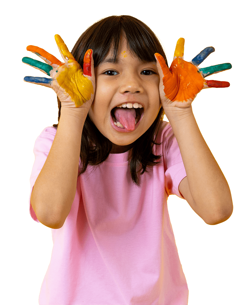 girl with painted hands making a funny face. We Benefit Children